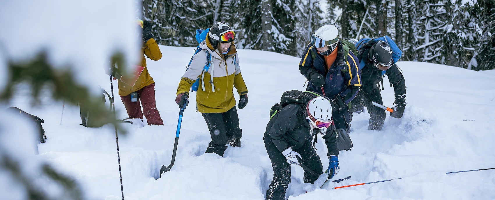 Avalanche safety training with a group practicing rescue techniques in deep snow